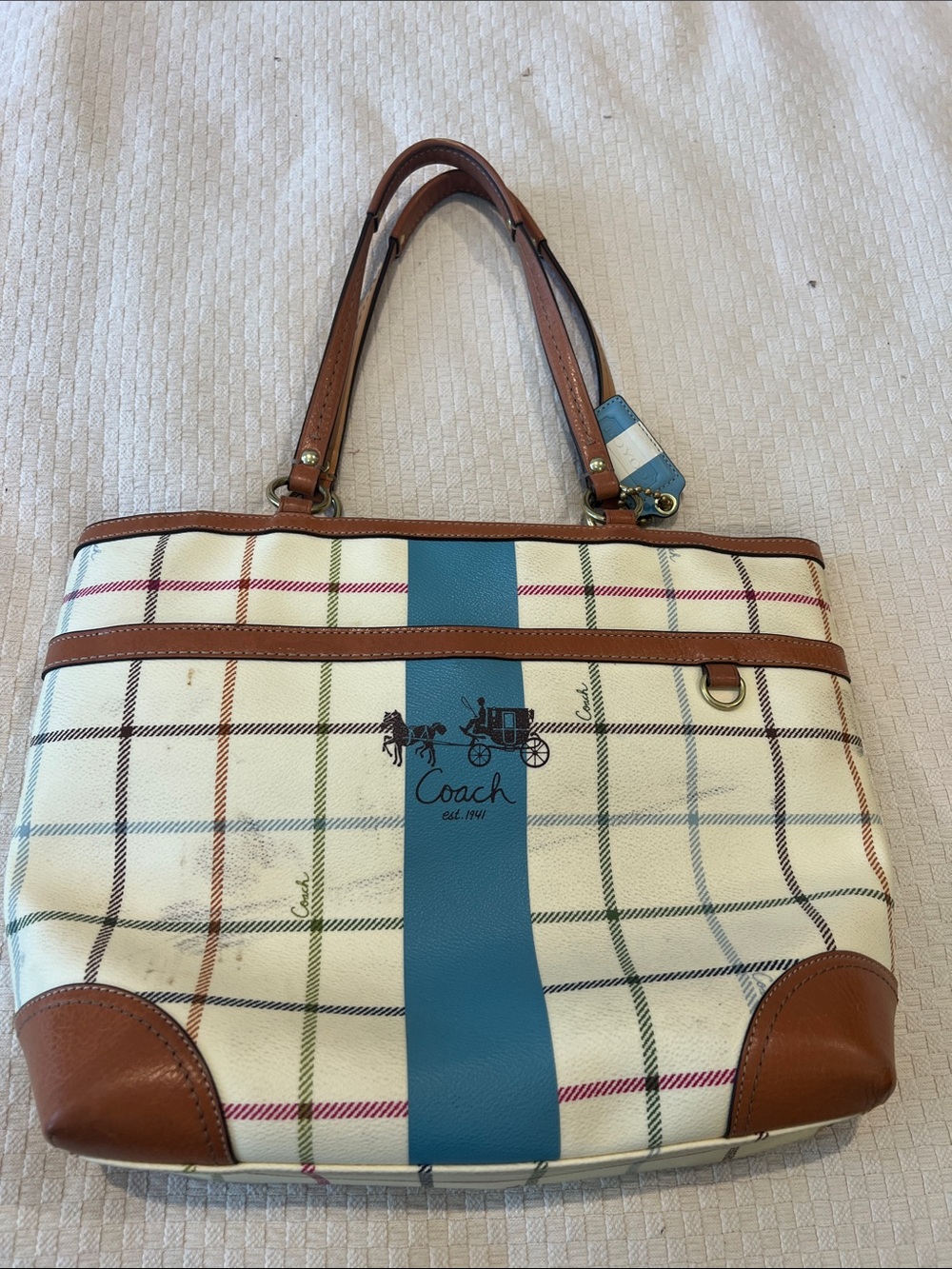 Coach Cream Plaid Tote with Blue Center Stripe and Brown Leather